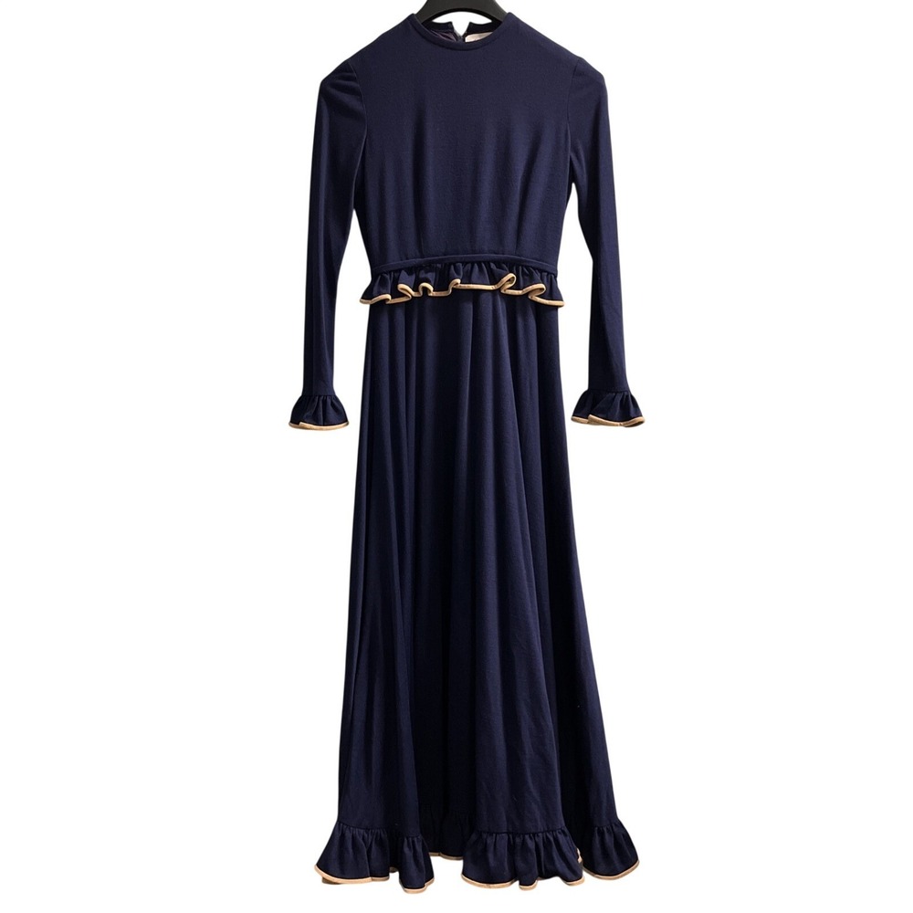 Vintage Anne Fogarty Dress 6 Blue Knit‎ Maxi Tiered Ruffle Victorian Edwardian